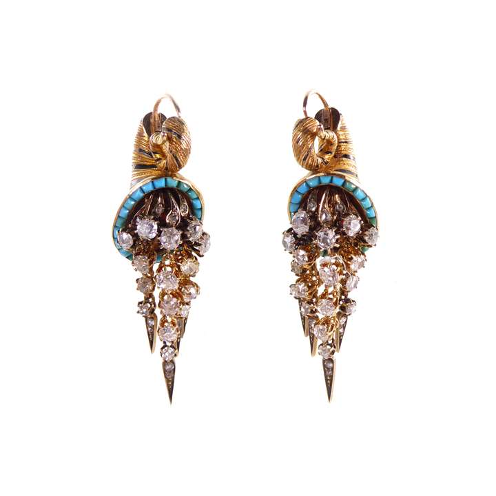 Pair of diamond, turquoise and gold cornucopia en pampilles earrings